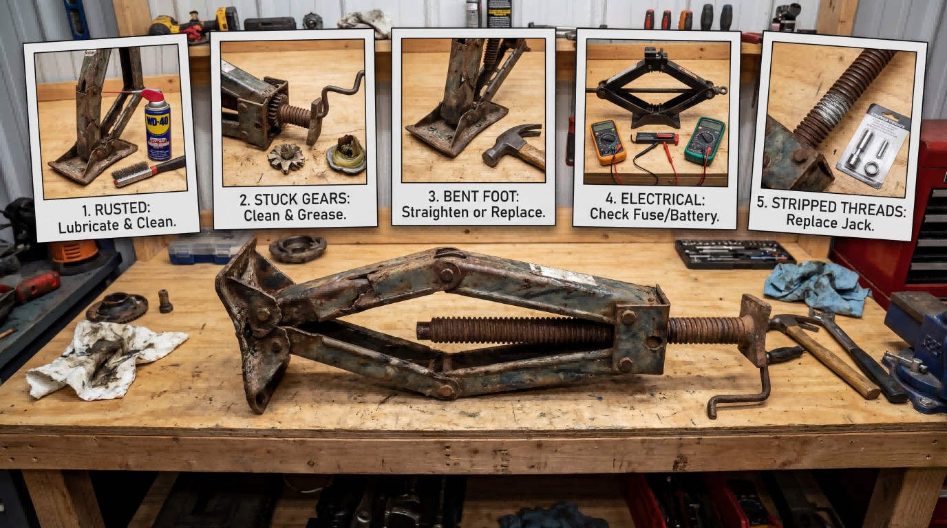 Common trailer jack problems including rust, stuck gears, bent foot, electrical issues, and stripped threads on a worn jack.